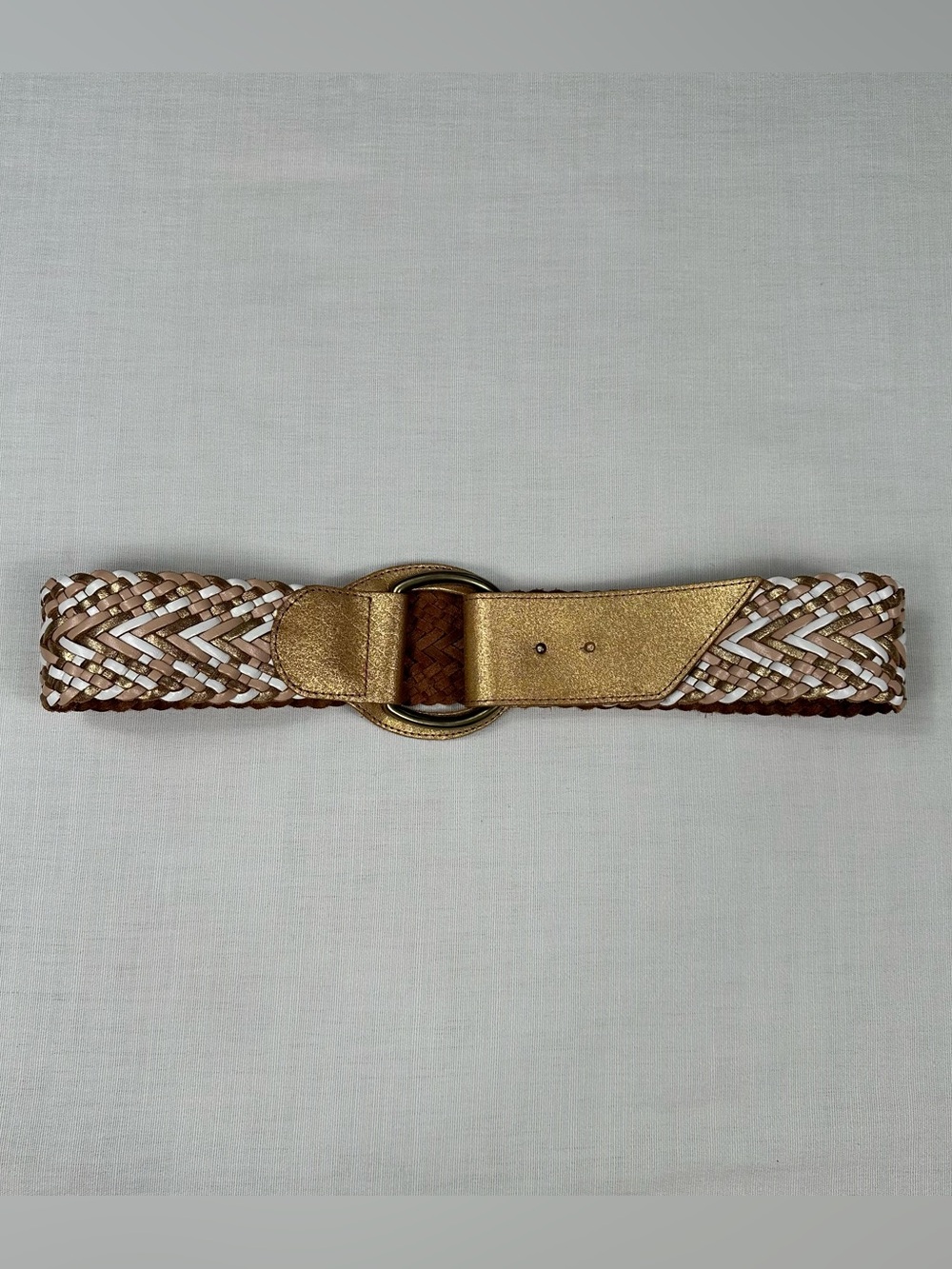Linea Pelle Gold Metallic Braided Leather Wide Hip Belt Size L Boho Festival Y2K